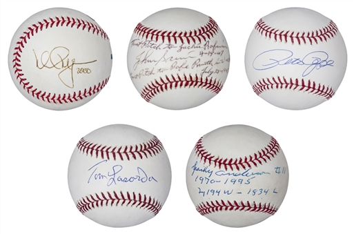 Lot of (5) Baseball Legends Single Signed Baseballs: Pete Rose, Johnny Sain, Mark McGwire, Sparky Anderson & Tom Lasorda (PSA/DNA & Steiner)